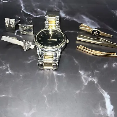 Mens Estate Jewelry Lot Stainless Analog Watch GENWM1042 Mason Snap Tie Clip • $29.99