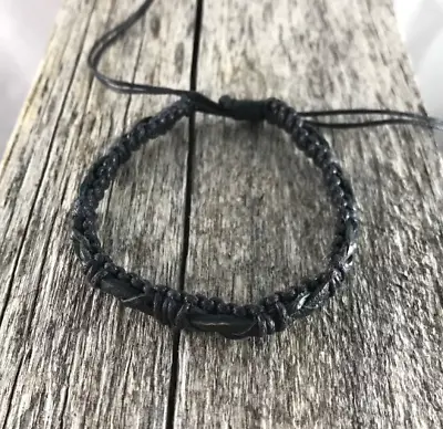 Adjustable Black Waxed Cotton And Leather Bracelet Anklet Wristband Weaved Gift • £3.69