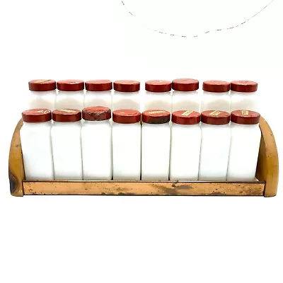 Vintage Set Of 16 Milk Glass Spice Jars W Lids With 2 Sifter Inserts & Rack • $34.95