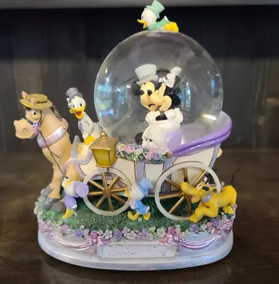 £135.42 • Buy Disney Mickey & Minnie Wedding CakeTopper Coach Musical Snow Globe Just Married.