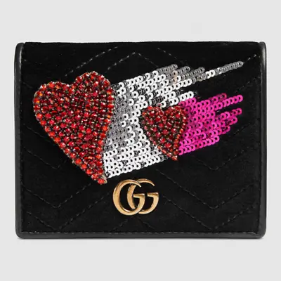 Gucci Limited Marmont Black Velvet Card Case Wallet W/Crystal Hearts 466492 1093 • $375.99