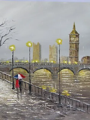 Rainy London Town England Large Oil Painting Canvas Cityscape Art British City • £26.95