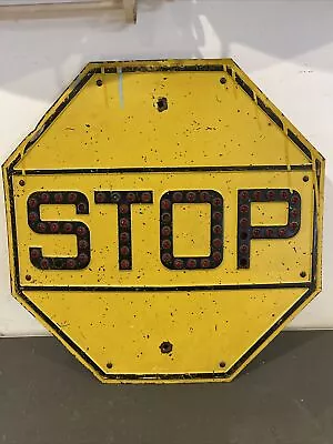 ANTIQUE/Vtg YELLOW STOP  STREET ROAD SIGN W/RED CAT EYE GLASS REFLECTORS • $450