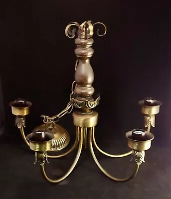 Vintage Underwriters Laboratories MCM Wood Brass 5 Arm Chandelier • $119.99