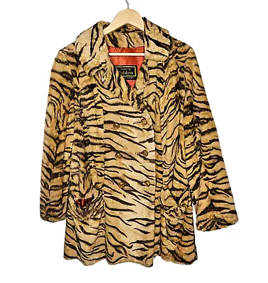 VINTAGE Malden Faux Fur Tiger Print Coat Double Breasted Lined Mob Wife L/XL • $124.99