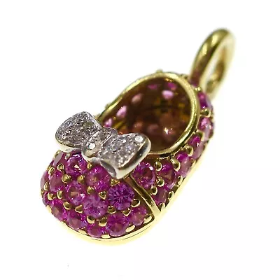 Aaron Basha 18k Yellow Gold Diamond Pink Sapphire Baby Shoe Pendent • $1625