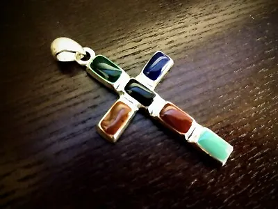 Large & Colorful Cross W/ 7 Colors Stones Pendant~ Signed MJ ~Sterling Silver  • $54