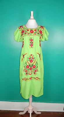 Vintage Mexican Embroidered Huipil Bright Green Dress S/M • $26.24