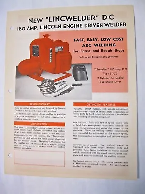 Lincoln 180 Amp. Engine Driven DC Welder Brochure • $12.50
