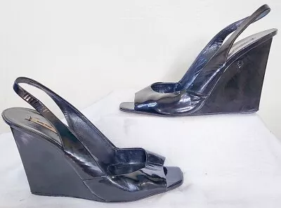 MIU MIU Prada Black Patent Leather Slingback Sandal Wedge Heels Shoes Size 38 • $89.99