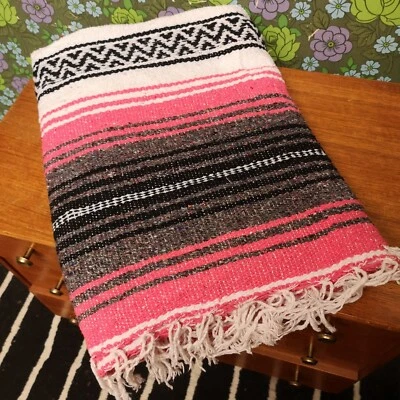 £22.99 • Buy Large Mexican Bright Pink Woven Stripy Falsa Yoga Blanket / Throw