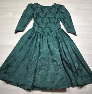 80s Green Floral Midi Dress Puff Sleeve Cottagecore Victorian Full Skirt VTG • $37.41