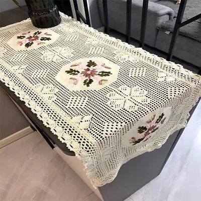 15 X35  Vintage Hand Crochet Embroidered Lace Table Runner Dresser Scarf Doily • $15.29