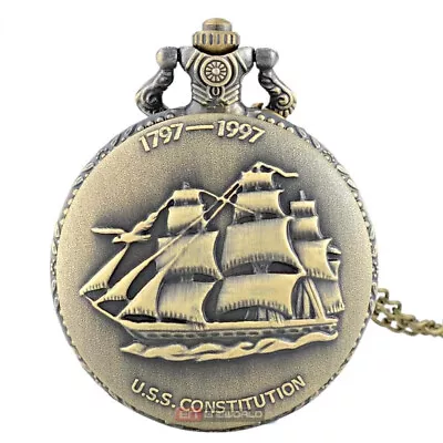 Bronze USS Constitution Sailing Boat Pocket Watch Retro Quartz Pendant Necklace • $7.69