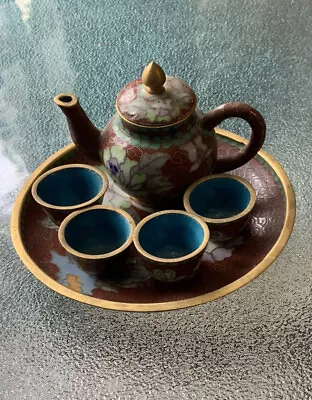 Chinese Cloisonne Enamel Miniature Tea Set Flowers Asian Teapot Cups Tray Vtg • $30