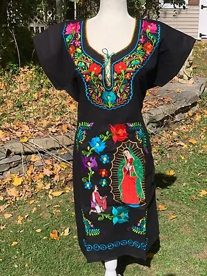 Guadalupe  Virgen Maria Virgin Mary Mexican Dress Embroidered Floral Black L K44 • $34.90