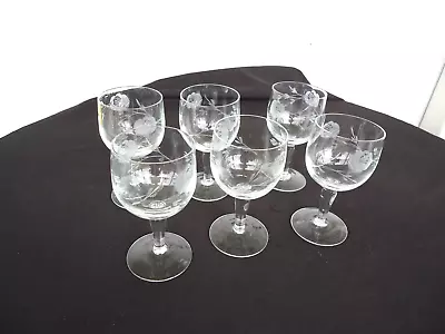 $10.96 • Buy 6 Vintage Etched Rose Crystal Small Wine Sherry Glasses Bohemia