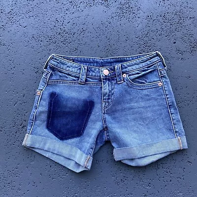 True Religion Jayde Mid Rise Blue Denim Shorts Size 26 Stretchy 5in Inseam • $15.99