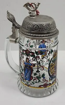 Vintage Glass Beer Stein Mug W/ Pewter Lid & Music Box Handpainted Lion Crest • $16.99