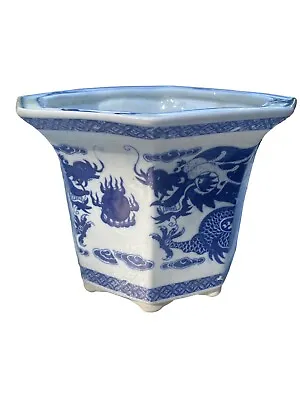 Chinese Dual Dragons Blue White Flower Pot Octagon ~7”x10” Ceramic/porcelain Vtg • $89.96