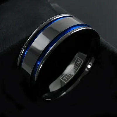 Gunmetal Titanium Men's Double Blue Stripe Wedding Band Ring Size 5-15 • $13.99