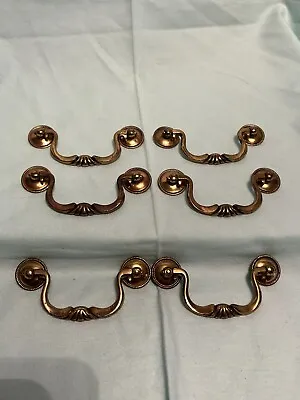 Vtg Drop Bail Drawer Pull Handle 3.5  Center Dark Brass W/ Rosettes Set Of 6 A • $39.99