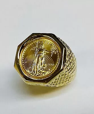 Solid 14K Yellow Gold Plated Men's 20 Mm Coin American Eagle Vintage Ring • $198.30