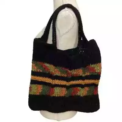 Hand Crochet Black Mustard Multi Striped Shoulder Fall Hippie Knitted Tote Bag • $12