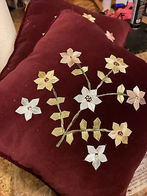 Mid Century 12x12 Velvet Pillow Cushion - True Vintage Ribbon Embroidered PAIR • $48