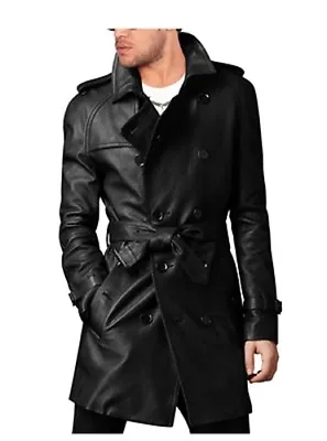 Men's Stylish Belted Black Long Coat Leather Trench Coat Pea Coat-bnwt • $101.01