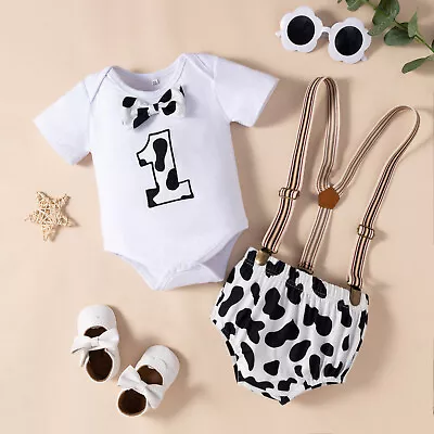 Newborn Baby Boys Shorts Set Romper Top + Suspender Cow Print Bib Shorts Outfits • £10.99