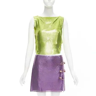 Rare VERSACE 2022 Runway Green Purple Metal Chainmail Safety Pin Top Skirt IT38 • $19998