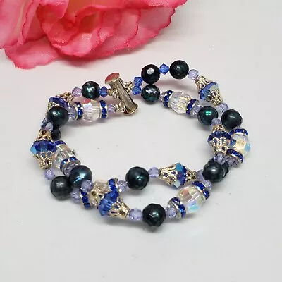 Blue Clear Faceted Crystal & Abalone Beaded Bracelet 925 Sterling Silver Clasp • $22.95