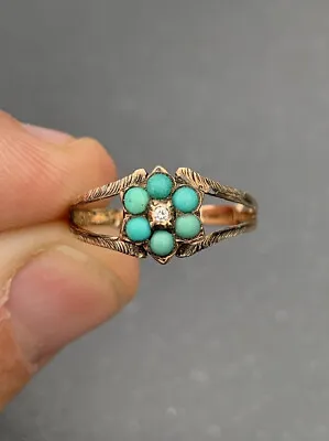 9ct Gold Victorian Turquoise & Diamond Locket Back Ring 9k 375 1874 • $162.30