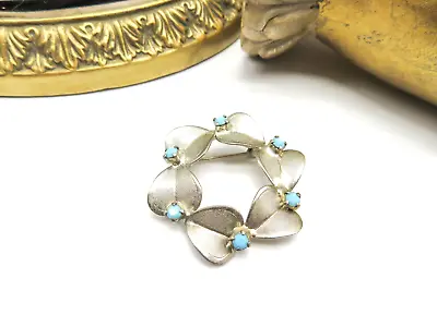 Vintage Silver Tone Turquoise Blue Rhinestone Leaf Wreath Brooch Pin DD50 • $14.44