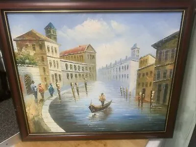 Oil On Canvas Of A Venice Scene With A Canal Boat With City Buildings River • £39