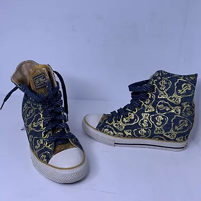 Daddy's Money Women's 8.5 Blue Gold Sequin High Top Lace Up Sneakers Hidden Wedg • $60