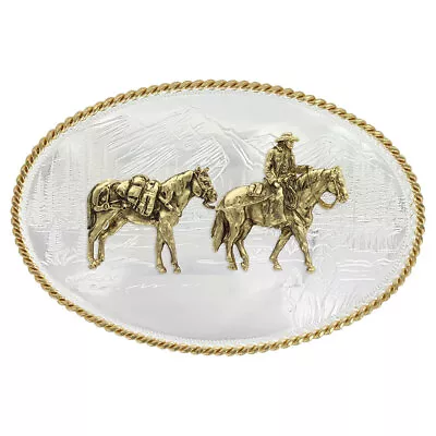 Montana Silversmiths Etched Mountains Western Belt Buckle With Horse And Rider • $130
