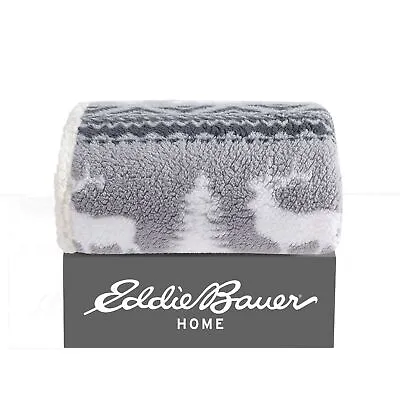 Eddie Bauer Woodland Fair Isle Sherpa Grey Throw Blanket-50X60 • $34.99