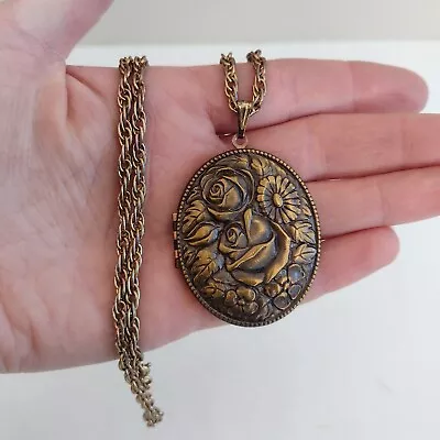 Vintage Oval Floral 3D Rose Locket Pendant Chain Necklace Copper Color • $16.96