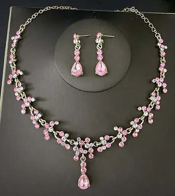 Pink Crystal Gold Plated Earrings Necklace Jewellery Set • £12.99