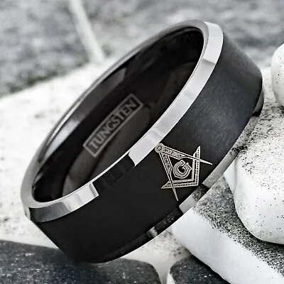 Tungsten Men's Black Masonic Symbol Freemason's Knight-Templar Wedding Band Ring • $16.99