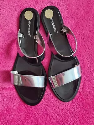 BNWT London Rebel Women Flexible Sole Black Silver Strap Flat Sandals Size 4/5 • £24.99