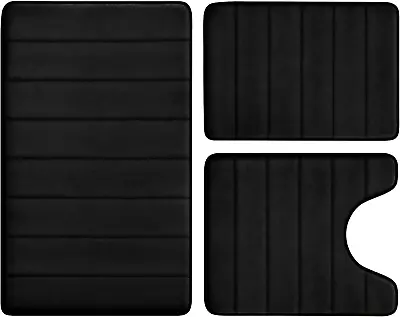 Black Memory Foam Rug Set 3 Piece Non Slip Extra Absorbent Shaggy Soft & Dry Bat • $31.92