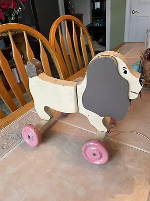 Vintage Pull Children Wooden Toy Dog Wooden Wheels 11”Long X 9”Tall • $12