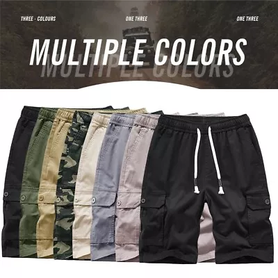 Men's Summer Cotton Cargo Elastic Waist Drawstring Multi Packets Casual Shorts • $19.99