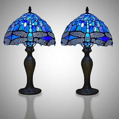 £220 • Buy Pair Of Tiffany Table Lamps Blue 10 Inch Dome Shade Glass 16.5 Inches Height UK
