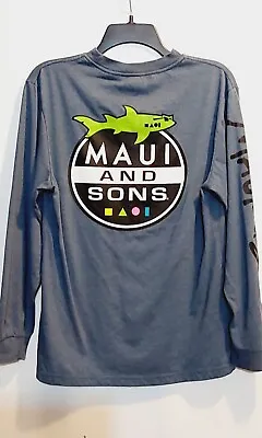  Blue Maui And Sons Mens Shark Graphic T-Shirt Long Sleeve Logo Medium • $13