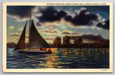 Vintage Postcard TX Corpus Christi Bay Sailboat Night Moon Linen C1940 ~8001 • $2.01