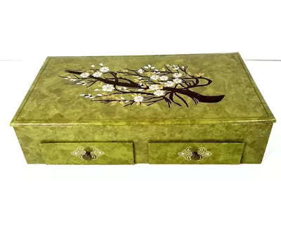 Vintage Jewelry Box Green With Tree 1960's Trinket 2 Drawers • $22.11